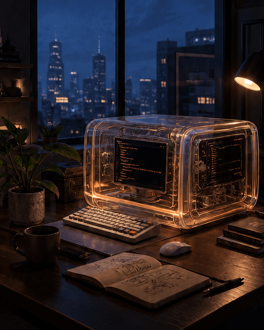 藍調城市夜景前，放著透明電腦、筆記本與咖啡的創作工作桌